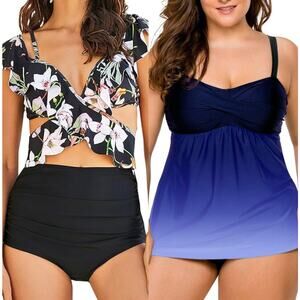 NWOT Amazon Bathing Suits Ruffle Off Shoulder Bikini & Swimdress Bundle Size L